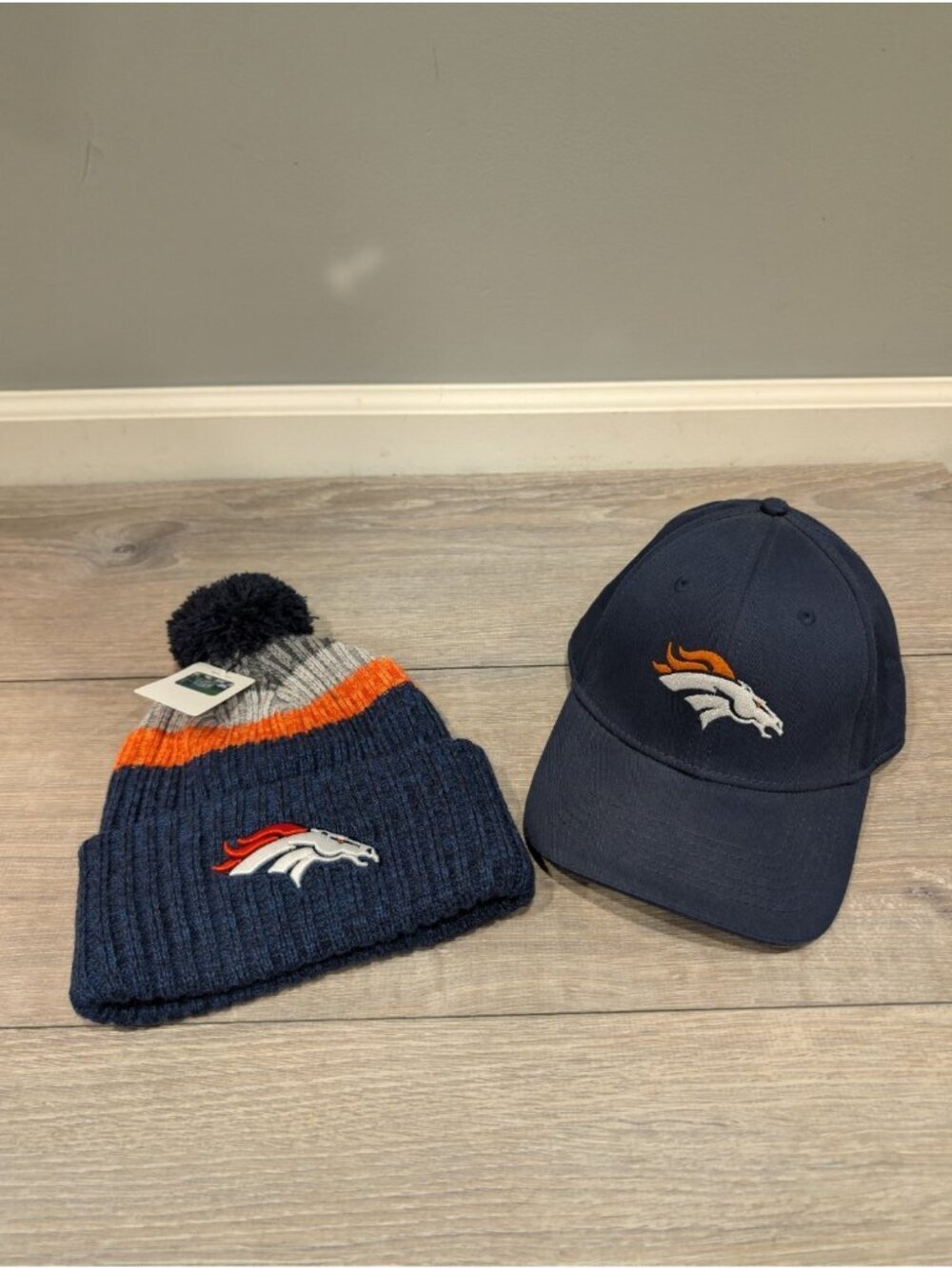 Denver Broncos NFL Navy Orange Adjustable Ball Cap & Knit Beanie Pom NWT